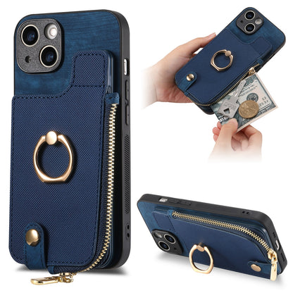 ELECTROPRIME For iPhone 15 Cross Leather Ring Vertical Zipper Wallet Back Phone Case(Blue)