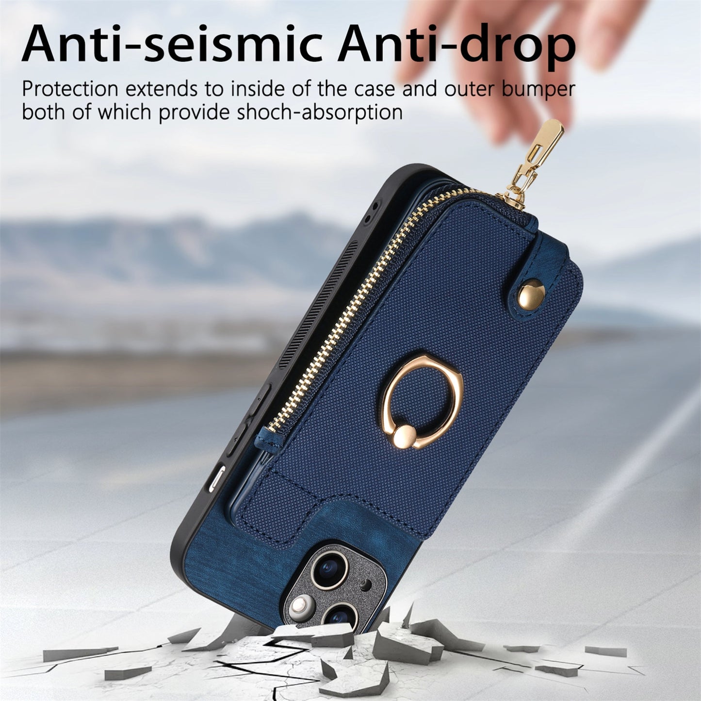 ELECTROPRIME For iPhone 15 Cross Leather Ring Vertical Zipper Wallet Back Phone Case(Blue)