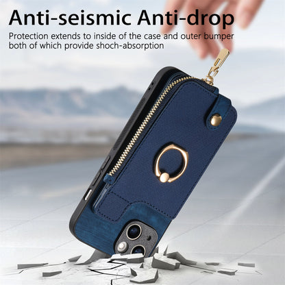 ELECTROPRIME For iPhone 15 Cross Leather Ring Vertical Zipper Wallet Back Phone Case(Blue)