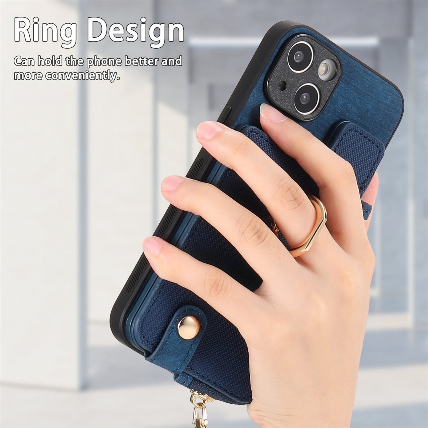ELECTROPRIME For iPhone 15 Cross Leather Ring Vertical Zipper Wallet Back Phone Case(Blue)