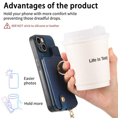 ELECTROPRIME For iPhone 15 Cross Leather Ring Vertical Zipper Wallet Back Phone Case(Blue)