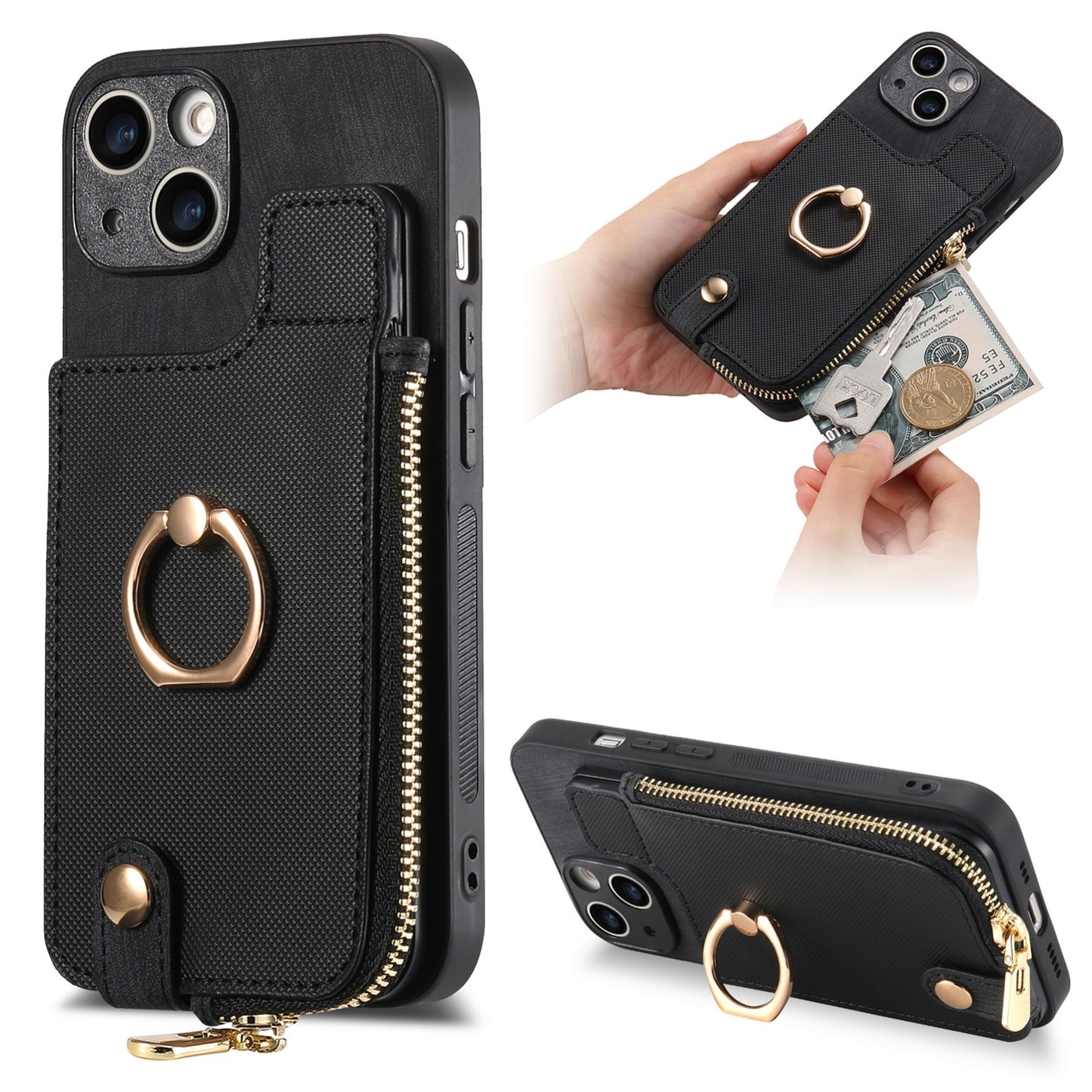 ELECTROPRIME For iPhone 15 Cross Leather Ring Vertical Zipper Wallet Back Phone Case(Black)