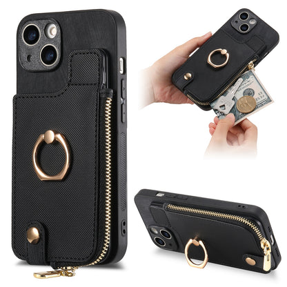 ELECTROPRIME For iPhone 15 Cross Leather Ring Vertical Zipper Wallet Back Phone Case(Black)