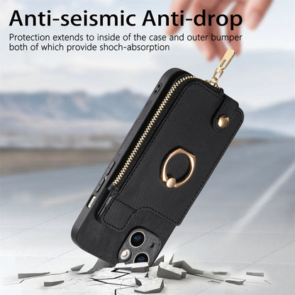 ELECTROPRIME For iPhone 15 Cross Leather Ring Vertical Zipper Wallet Back Phone Case(Black)