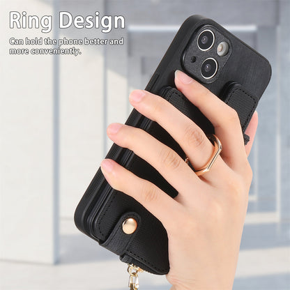 ELECTROPRIME For iPhone 15 Cross Leather Ring Vertical Zipper Wallet Back Phone Case(Black)