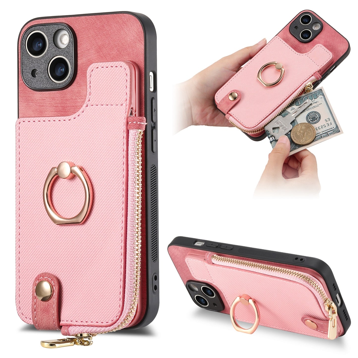 ELECTROPRIME For iPhone 15 Cross Leather Ring Vertical Zipper Wallet Back Phone Case(Pink)