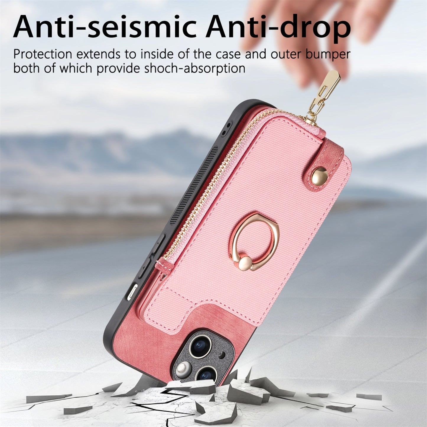 ELECTROPRIME For iPhone 15 Cross Leather Ring Vertical Zipper Wallet Back Phone Case(Pink)