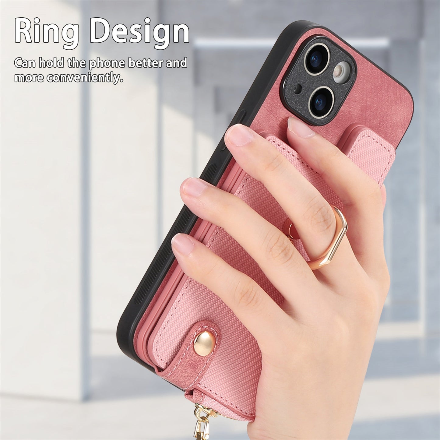 ELECTROPRIME For iPhone 15 Cross Leather Ring Vertical Zipper Wallet Back Phone Case(Pink)