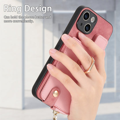 ELECTROPRIME For iPhone 15 Cross Leather Ring Vertical Zipper Wallet Back Phone Case(Pink)