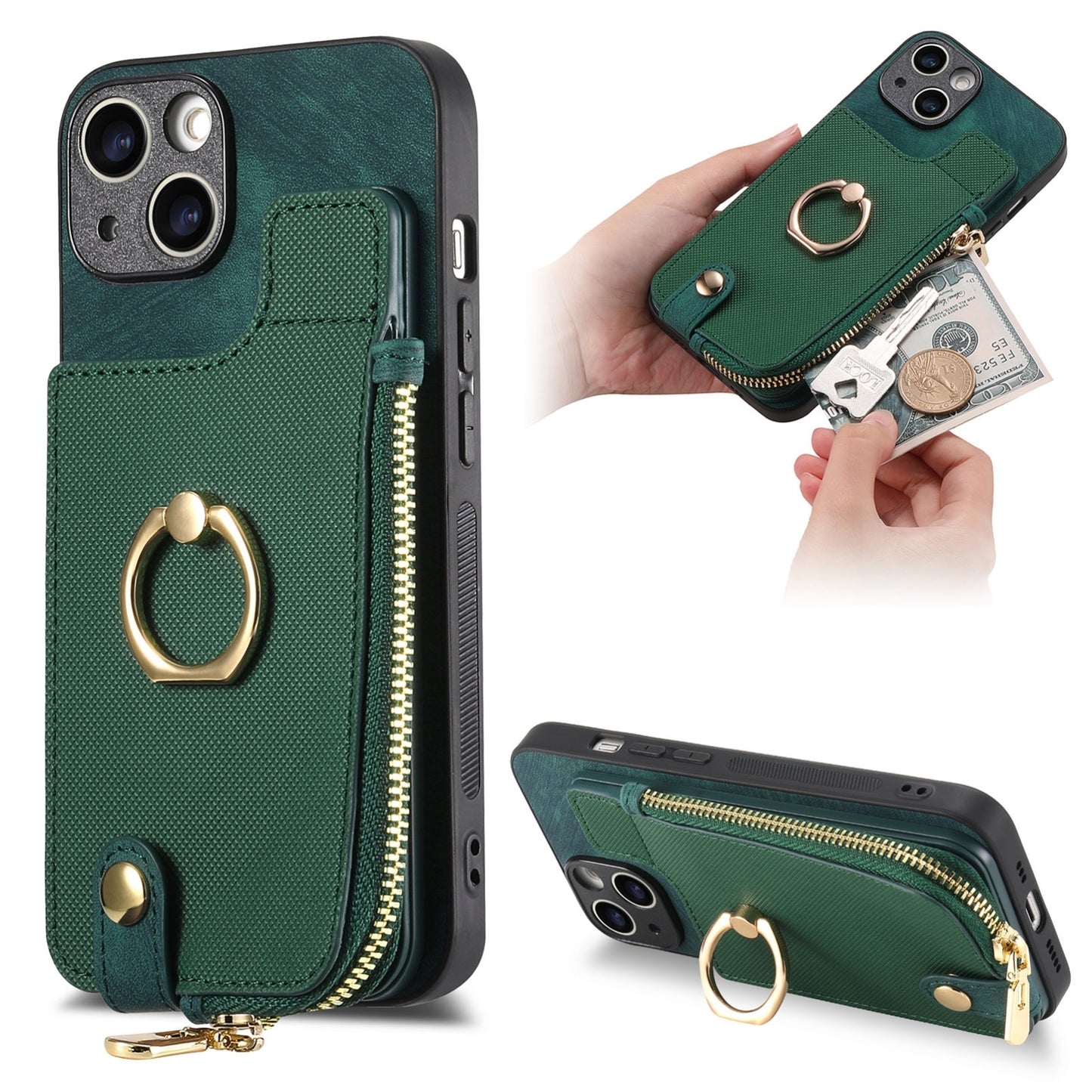 ELECTROPRIME For iPhone 15 Cross Leather Ring Vertical Zipper Wallet Back Phone Case(Green)