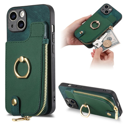 ELECTROPRIME For iPhone 15 Cross Leather Ring Vertical Zipper Wallet Back Phone Case(Green)