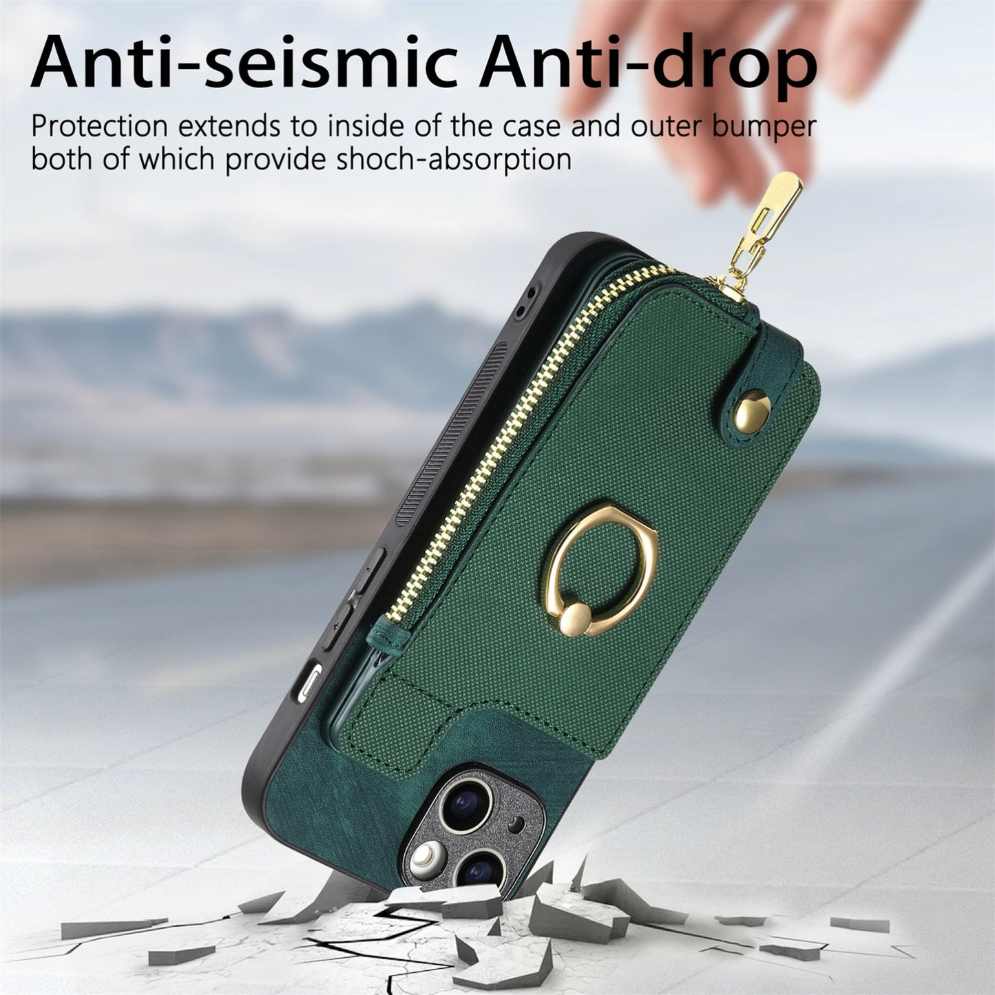 ELECTROPRIME For iPhone 15 Cross Leather Ring Vertical Zipper Wallet Back Phone Case(Green)