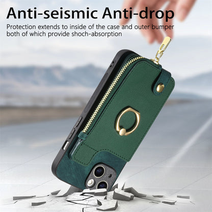 ELECTROPRIME For iPhone 15 Cross Leather Ring Vertical Zipper Wallet Back Phone Case(Green)