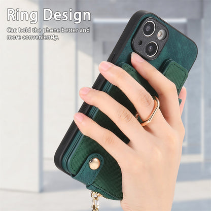 ELECTROPRIME For iPhone 15 Cross Leather Ring Vertical Zipper Wallet Back Phone Case(Green)