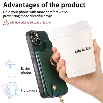 ELECTROPRIME For iPhone 15 Cross Leather Ring Vertical Zipper Wallet Back Phone Case(Green)