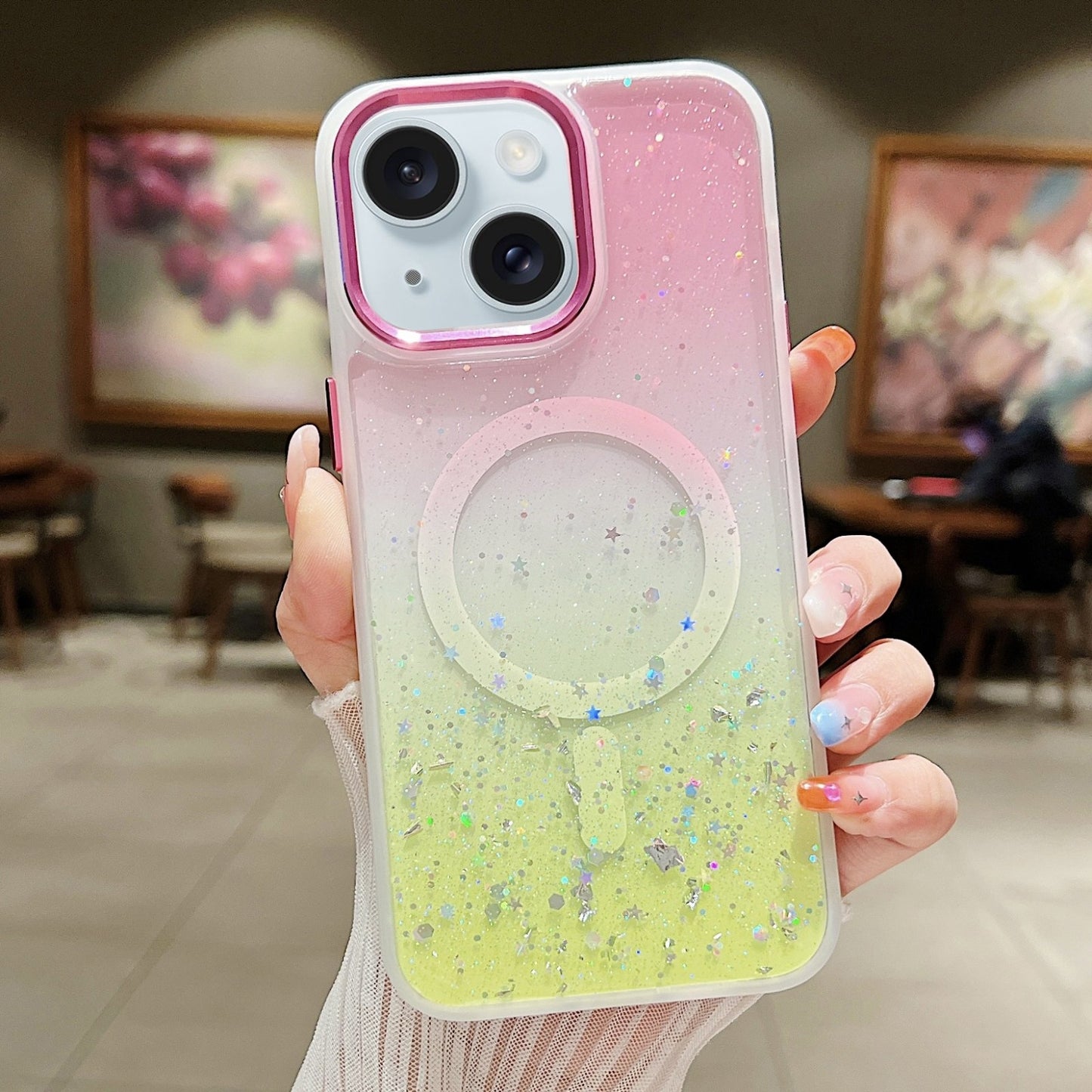 ELECTROPRIME For iPhone 15 Multicolor Gradient Glitter Sequin MagSafe TPU Phone Case(Pink+Yellow)