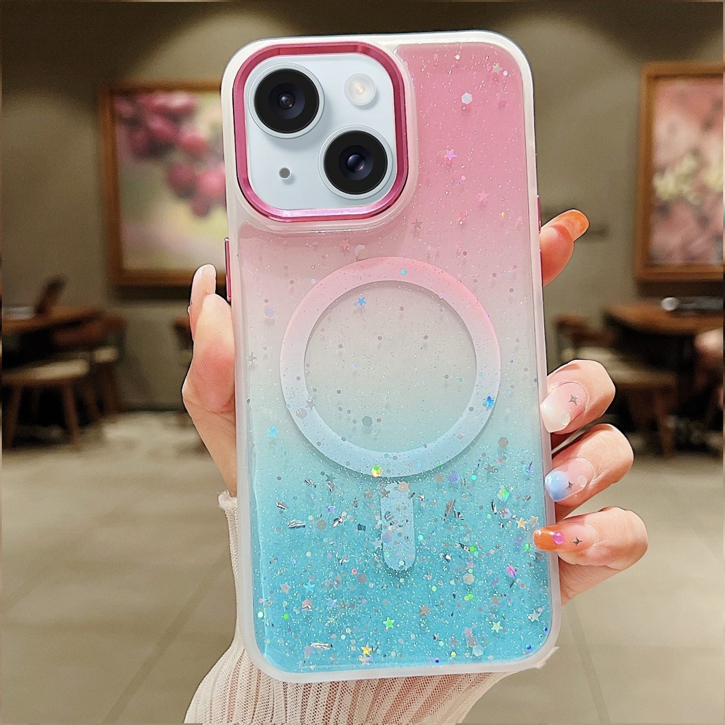 ELECTROPRIME For iPhone 15 Multicolor Gradient Glitter Sequin MagSafe TPU Phone Case(Pink+Green)