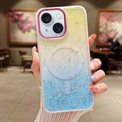ELECTROPRIME For iPhone 15 Multicolor Gradient Glitter Sequin MagSafe TPU Phone Case(Yellow+Blue)