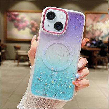 ELECTROPRIME For iPhone 15 Multicolor Gradient Glitter Sequin MagSafe TPU Phone Case(Purple+Green)