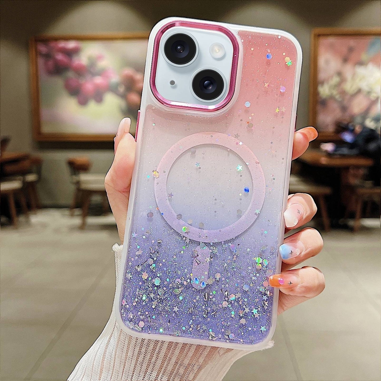 ELECTROPRIME For iPhone 15 Multicolor Gradient Glitter Sequin MagSafe TPU Phone Case(Pink+Purple)