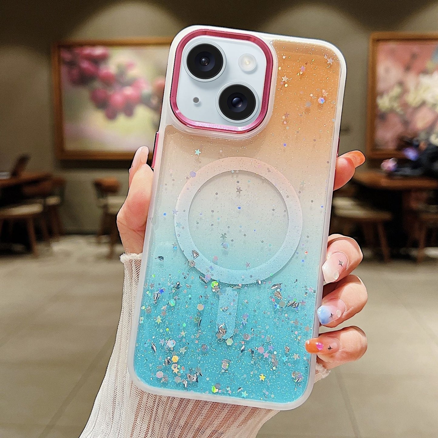 ELECTROPRIME For iPhone 15 Multicolor Gradient Glitter Sequin MagSafe TPU Phone Case(Orange+Green)
