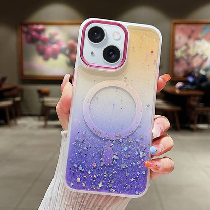 ELECTROPRIME For iPhone 15 Multicolor Gradient Glitter Sequin MagSafe TPU Phone Case(Orange+Purple)