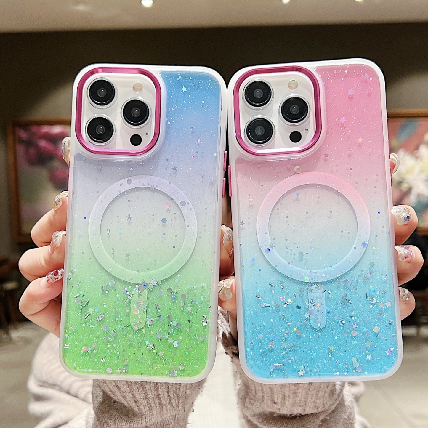 ELECTROPRIME For iPhone 15 Multicolor Gradient Glitter Sequin MagSafe TPU Phone Case(Purple+Green)