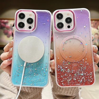 ELECTROPRIME For iPhone 15 Multicolor Gradient Glitter Sequin MagSafe TPU Phone Case(Pink+Green)