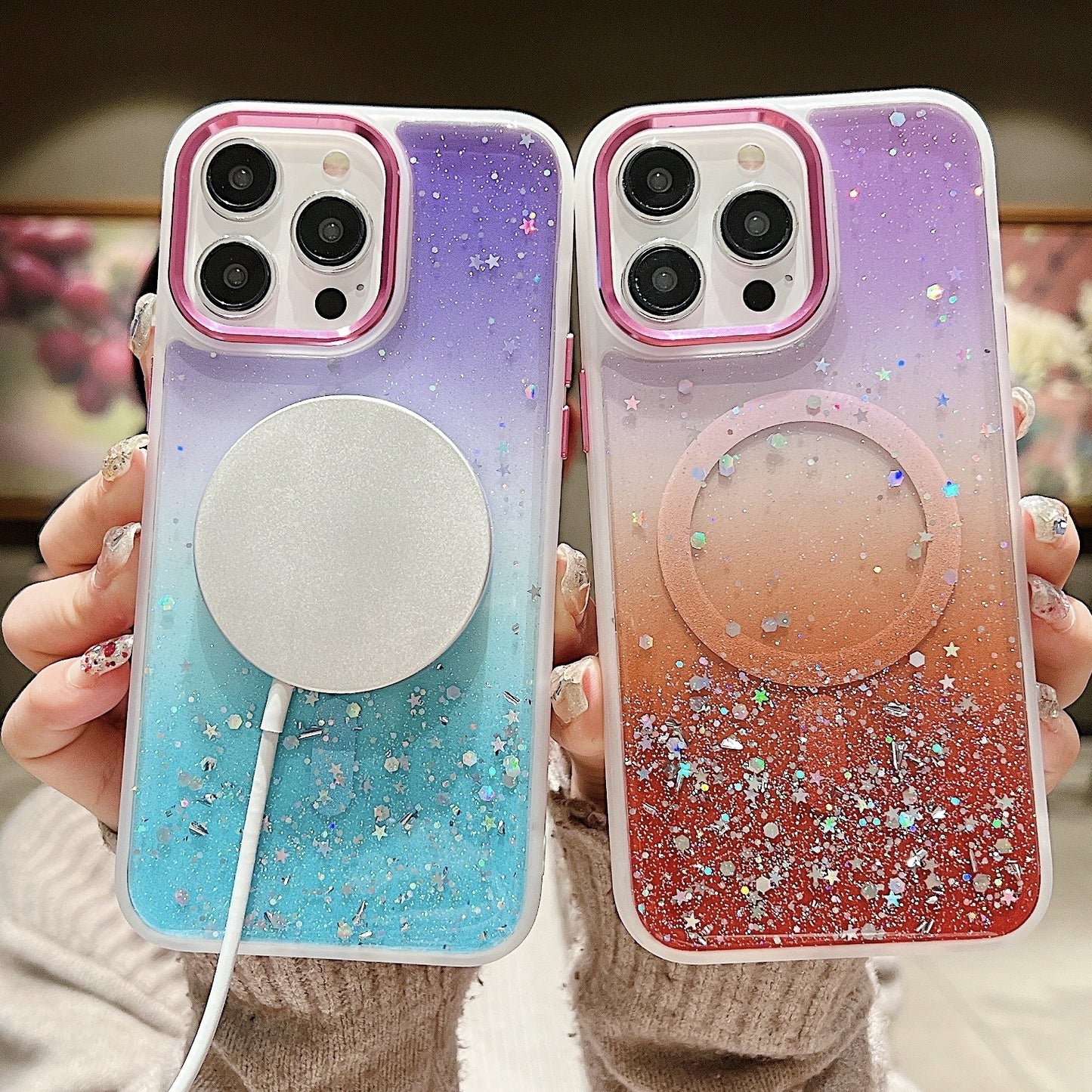 ELECTROPRIME For iPhone 15 Multicolor Gradient Glitter Sequin MagSafe TPU Phone Case(Orange+Green)