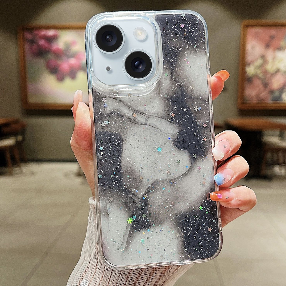 ELECTROPRIME For iPhone 15 Plus Ink Smudged Glitter TPU Phone Case(Black)