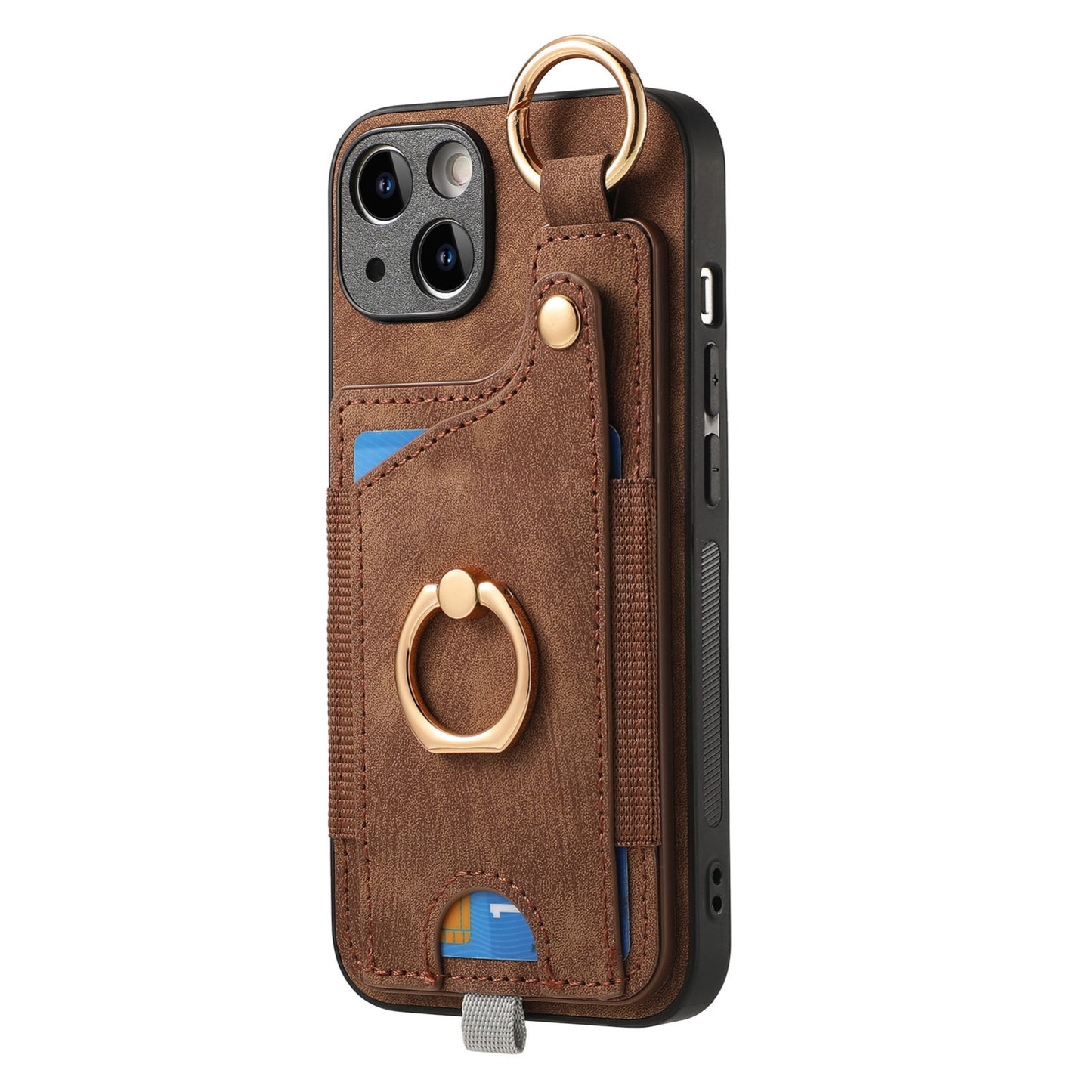 ELECTROPRIME For iPhone 15 Retro Skin-feel Ring Card Bag Phone Case with Hang Loop(Brown)