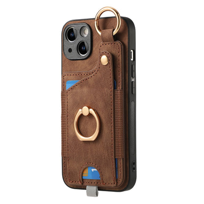 ELECTROPRIME For iPhone 15 Retro Skin-feel Ring Card Bag Phone Case with Hang Loop(Brown)