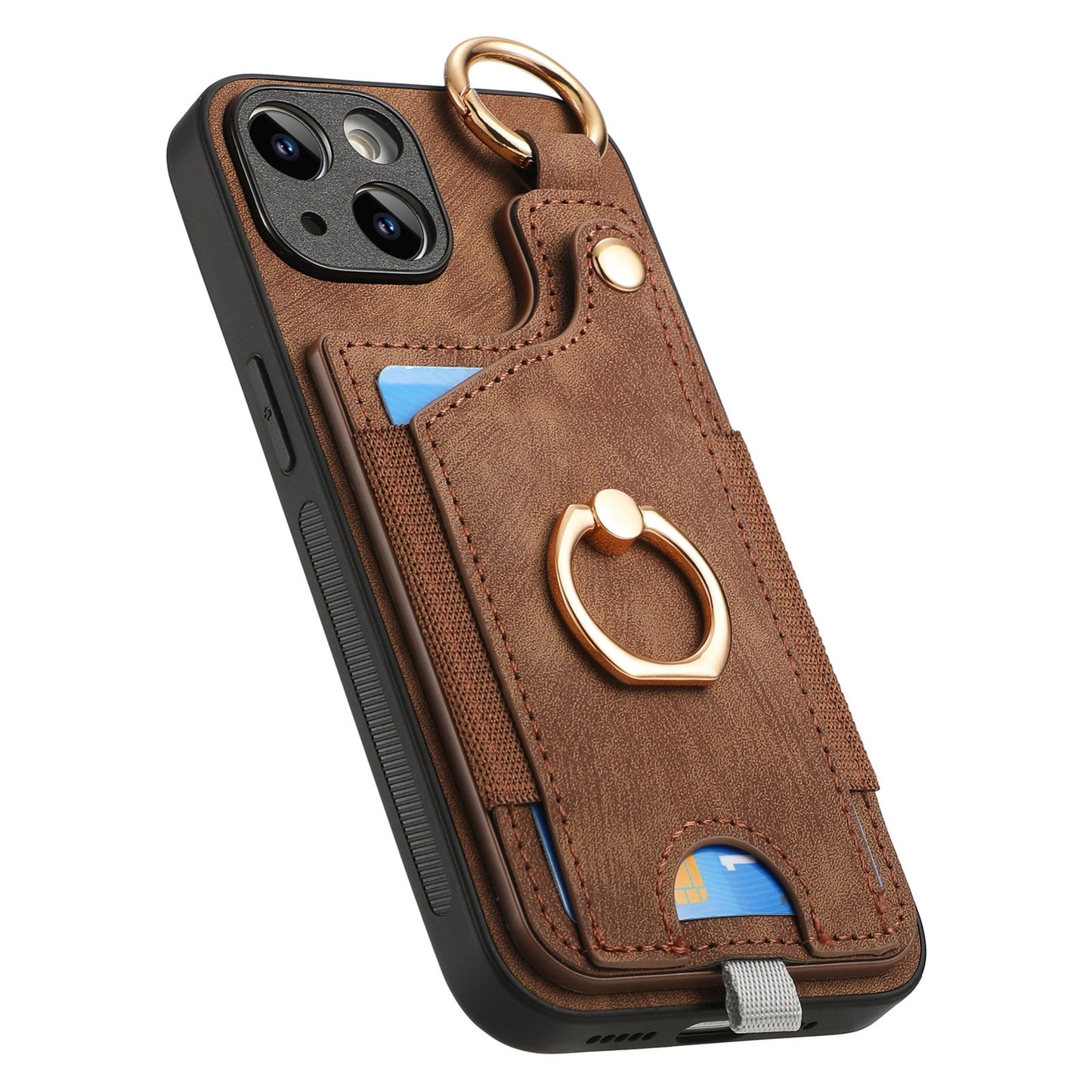 ELECTROPRIME For iPhone 15 Retro Skin-feel Ring Card Bag Phone Case with Hang Loop(Brown)