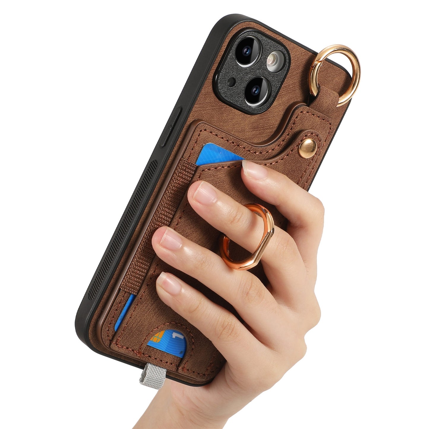 ELECTROPRIME For iPhone 15 Retro Skin-feel Ring Card Bag Phone Case with Hang Loop(Brown)