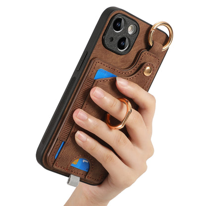 ELECTROPRIME For iPhone 15 Retro Skin-feel Ring Card Bag Phone Case with Hang Loop(Brown)