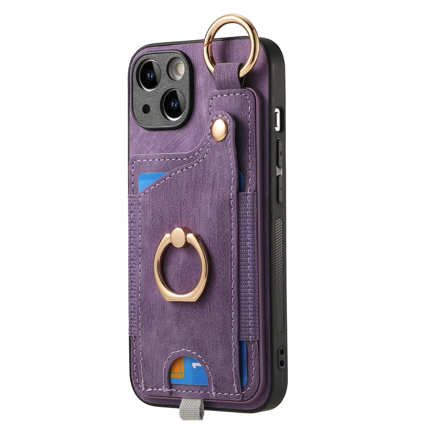 ELECTROPRIME For iPhone 15 Retro Skin-feel Ring Card Bag Phone Case with Hang Loop(Purple)