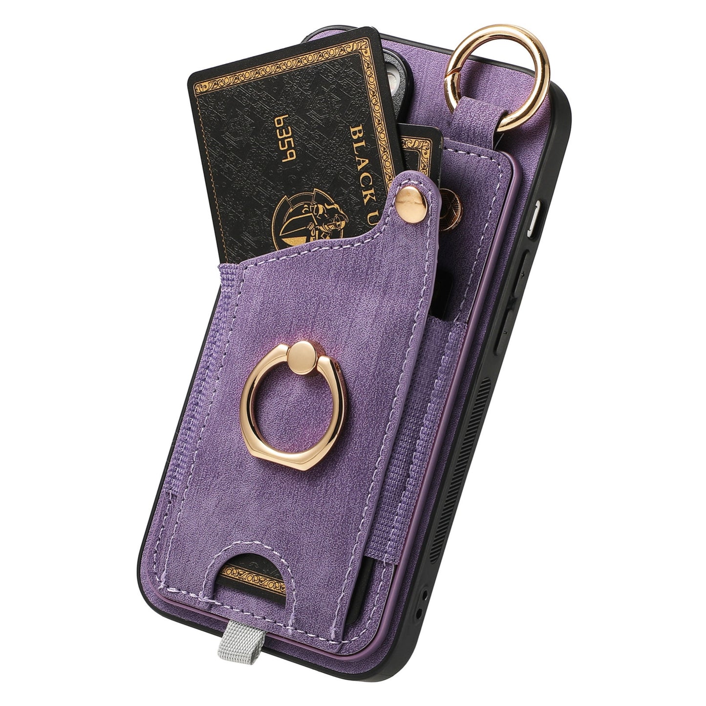 ELECTROPRIME For iPhone 15 Retro Skin-feel Ring Card Bag Phone Case with Hang Loop(Purple)