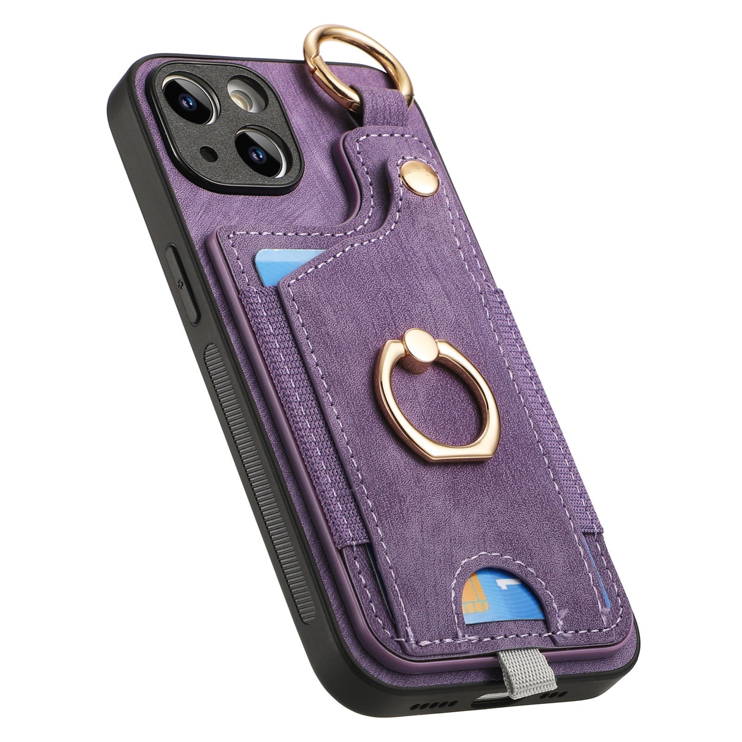 ELECTROPRIME For iPhone 15 Retro Skin-feel Ring Card Bag Phone Case with Hang Loop(Purple)