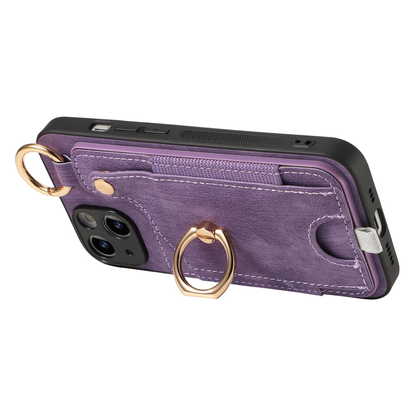 ELECTROPRIME For iPhone 15 Retro Skin-feel Ring Card Bag Phone Case with Hang Loop(Purple)