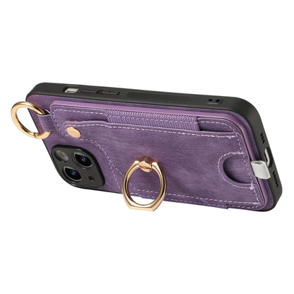 ELECTROPRIME For iPhone 15 Retro Skin-feel Ring Card Bag Phone Case with Hang Loop(Purple)