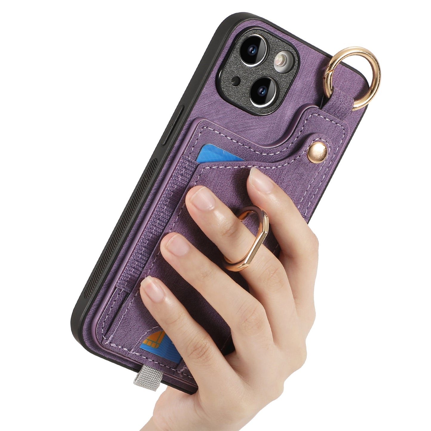 ELECTROPRIME For iPhone 15 Retro Skin-feel Ring Card Bag Phone Case with Hang Loop(Purple)