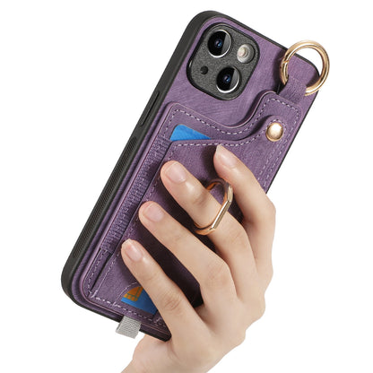 ELECTROPRIME For iPhone 15 Retro Skin-feel Ring Card Bag Phone Case with Hang Loop(Purple)