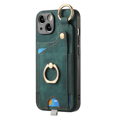 ELECTROPRIME For iPhone 15 Retro Skin-feel Ring Card Bag Phone Case with Hang Loop(Green)