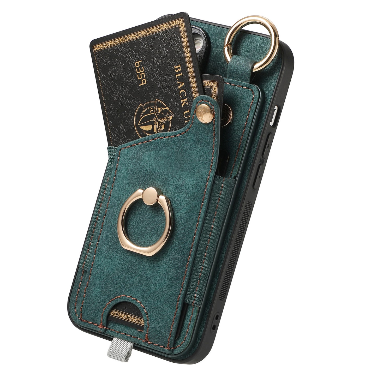 ELECTROPRIME For iPhone 15 Retro Skin-feel Ring Card Bag Phone Case with Hang Loop(Green)
