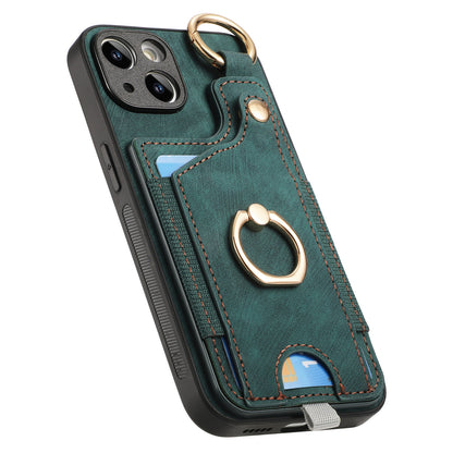 ELECTROPRIME For iPhone 15 Retro Skin-feel Ring Card Bag Phone Case with Hang Loop(Green)