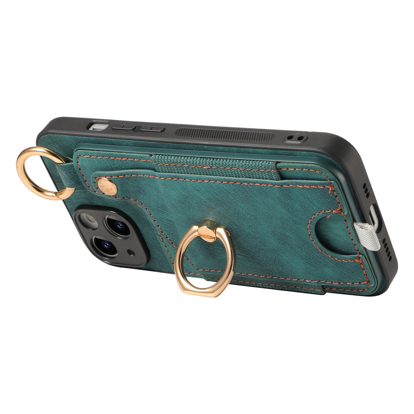 ELECTROPRIME For iPhone 15 Retro Skin-feel Ring Card Bag Phone Case with Hang Loop(Green)