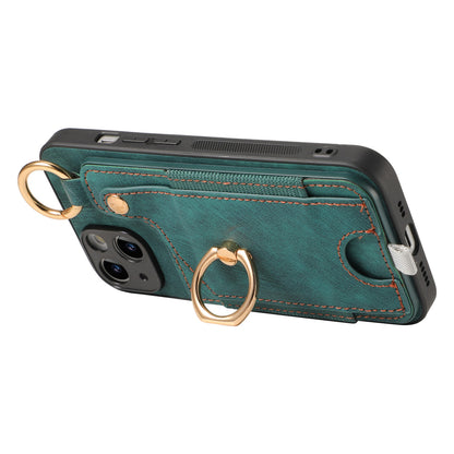 ELECTROPRIME For iPhone 15 Retro Skin-feel Ring Card Bag Phone Case with Hang Loop(Green)