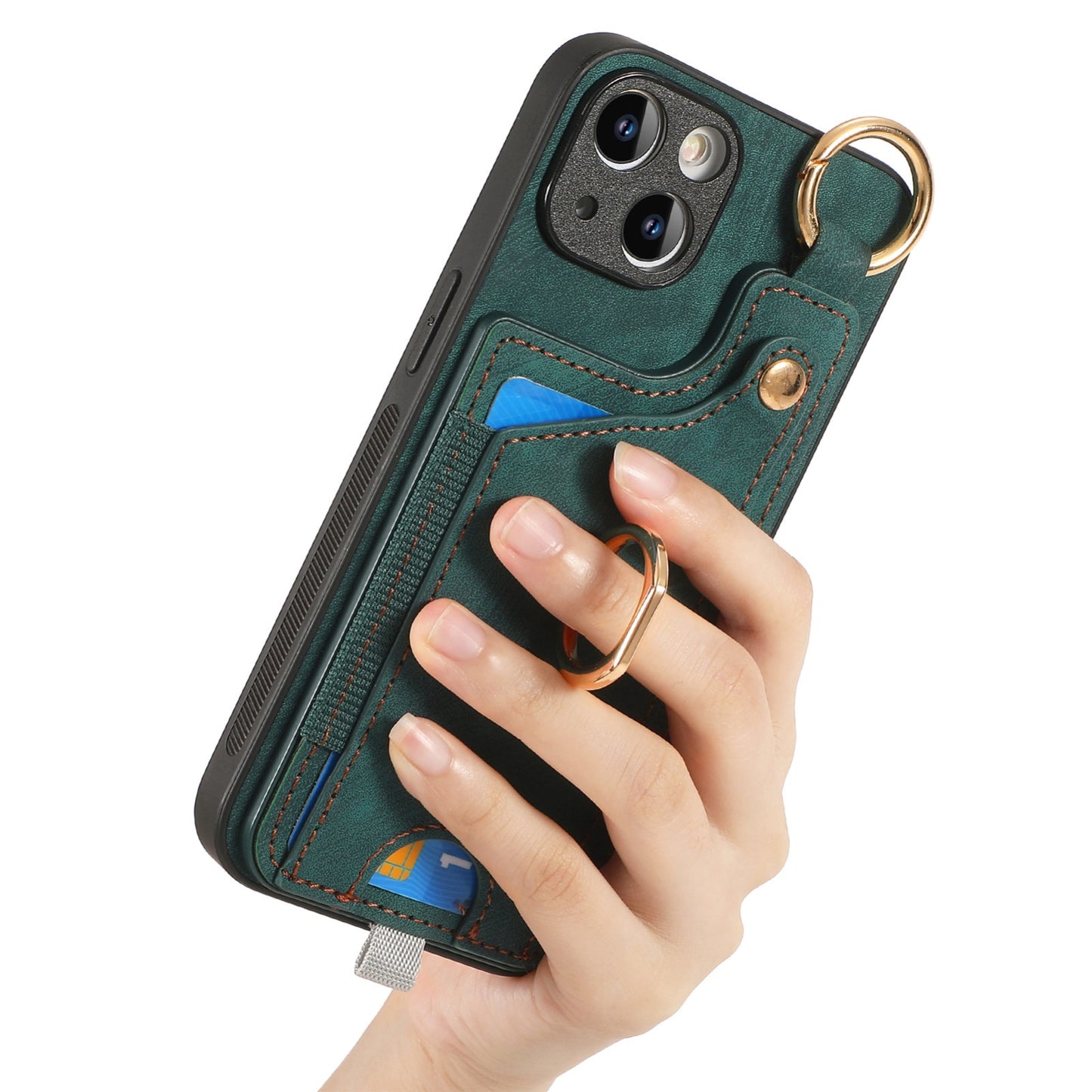 ELECTROPRIME For iPhone 15 Retro Skin-feel Ring Card Bag Phone Case with Hang Loop(Green)