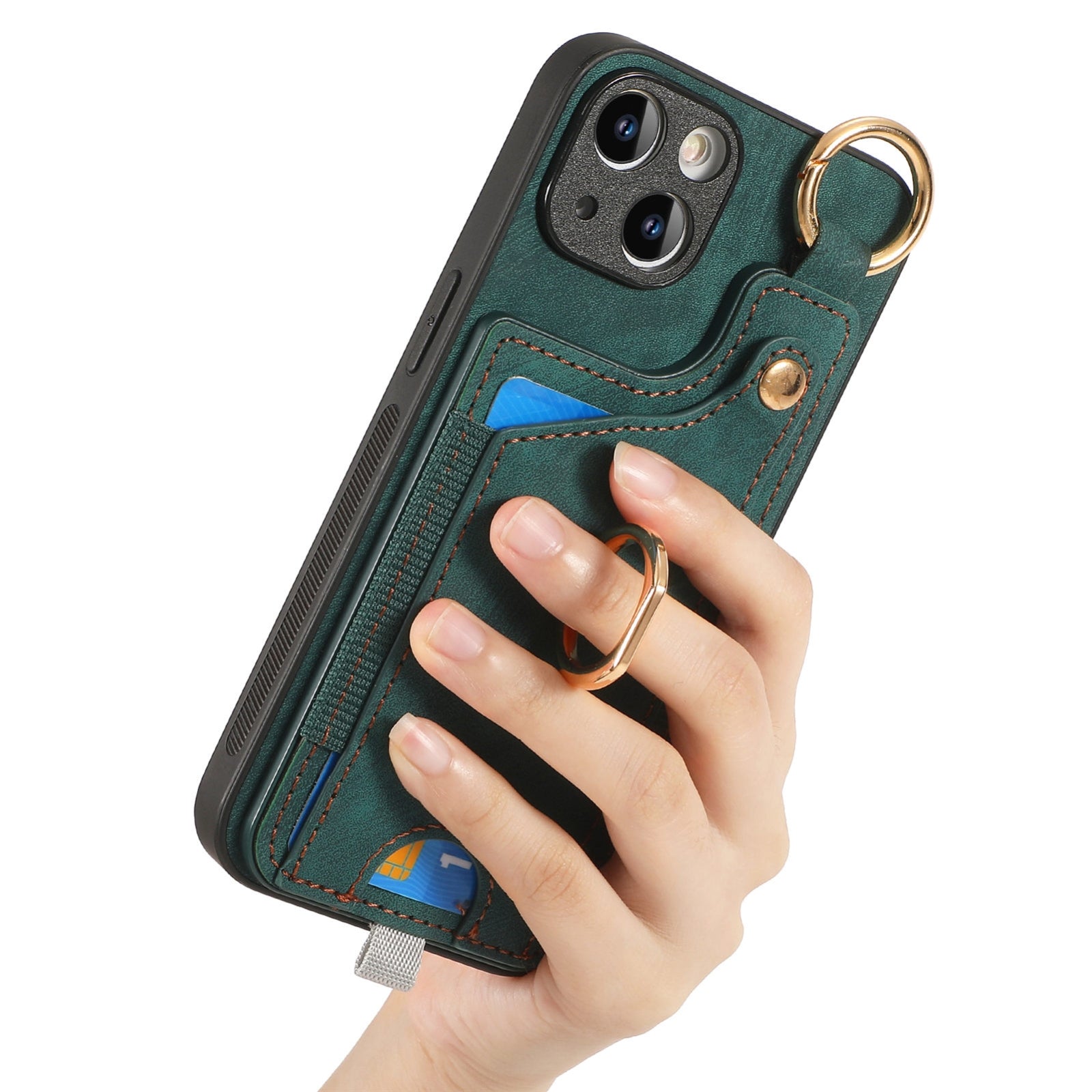 ELECTROPRIME For iPhone 15 Retro Skin-feel Ring Card Bag Phone Case with Hang Loop(Green)