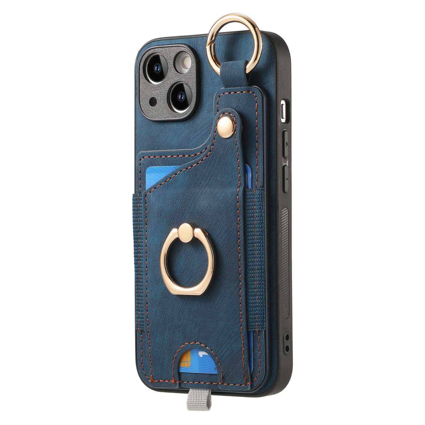 ELECTROPRIME For iPhone 15 Retro Skin-feel Ring Card Bag Phone Case with Hang Loop(Blue)